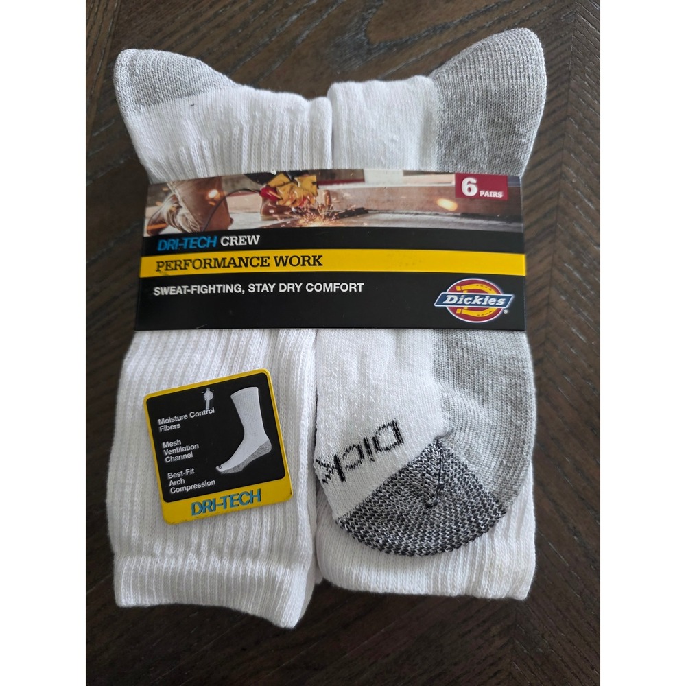 Dickies Mens 6pk Dri-Tech Performance Work Crew Socks White 6-12